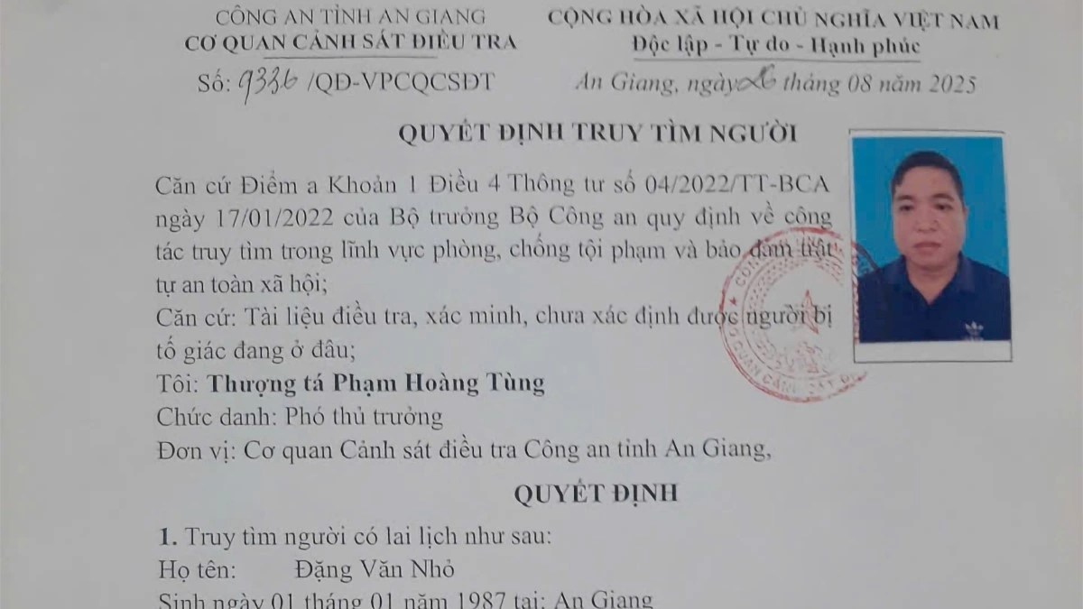 Công An ra quyết định truy tìm đối tượng Đặng Văn Nhỏ.