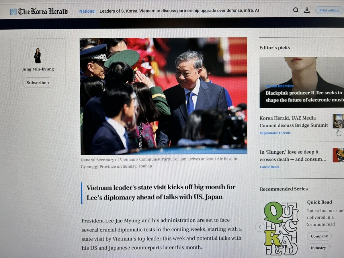 Tờ Korea Herald đăng một bình luận dài đầy lạc quan về quan hệ Hàn - Việt và chuyến thăm cấp nhà nước của Tổng Bí thư Tô Lâm