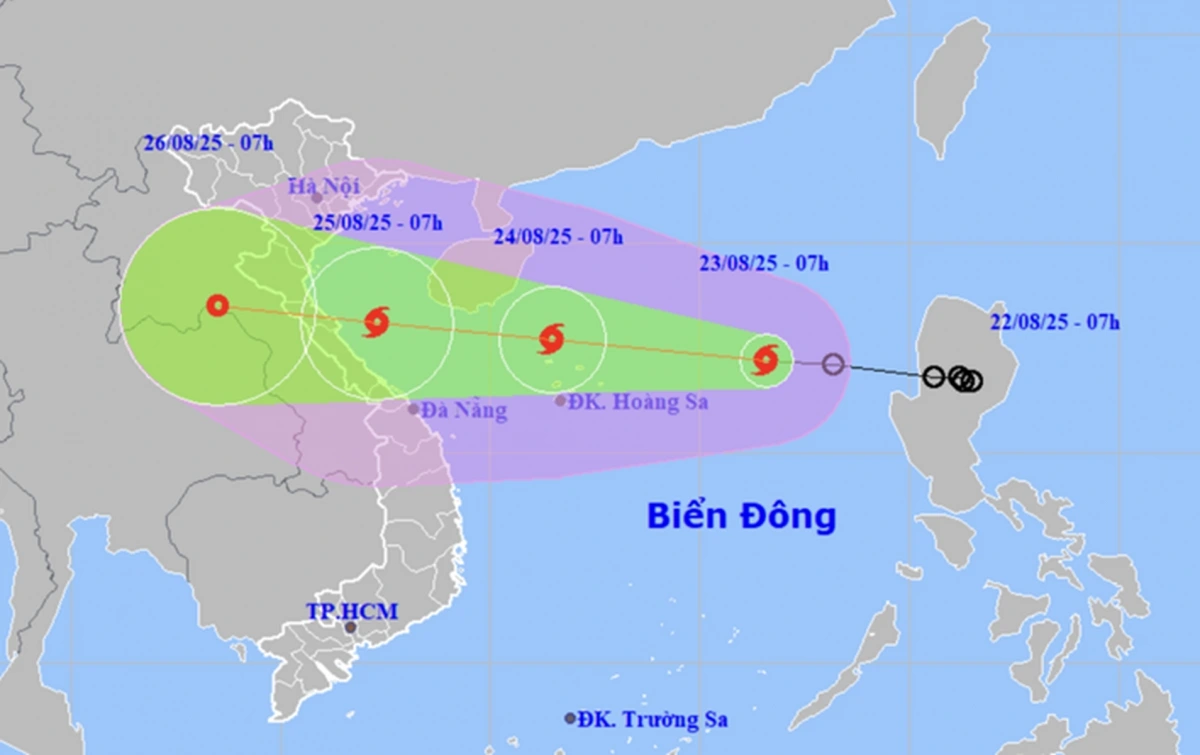 Dự báo vị trí và hướng di chuyển bão số 5 lúc 7h sáng 23/8, Ảnh: NCHMF