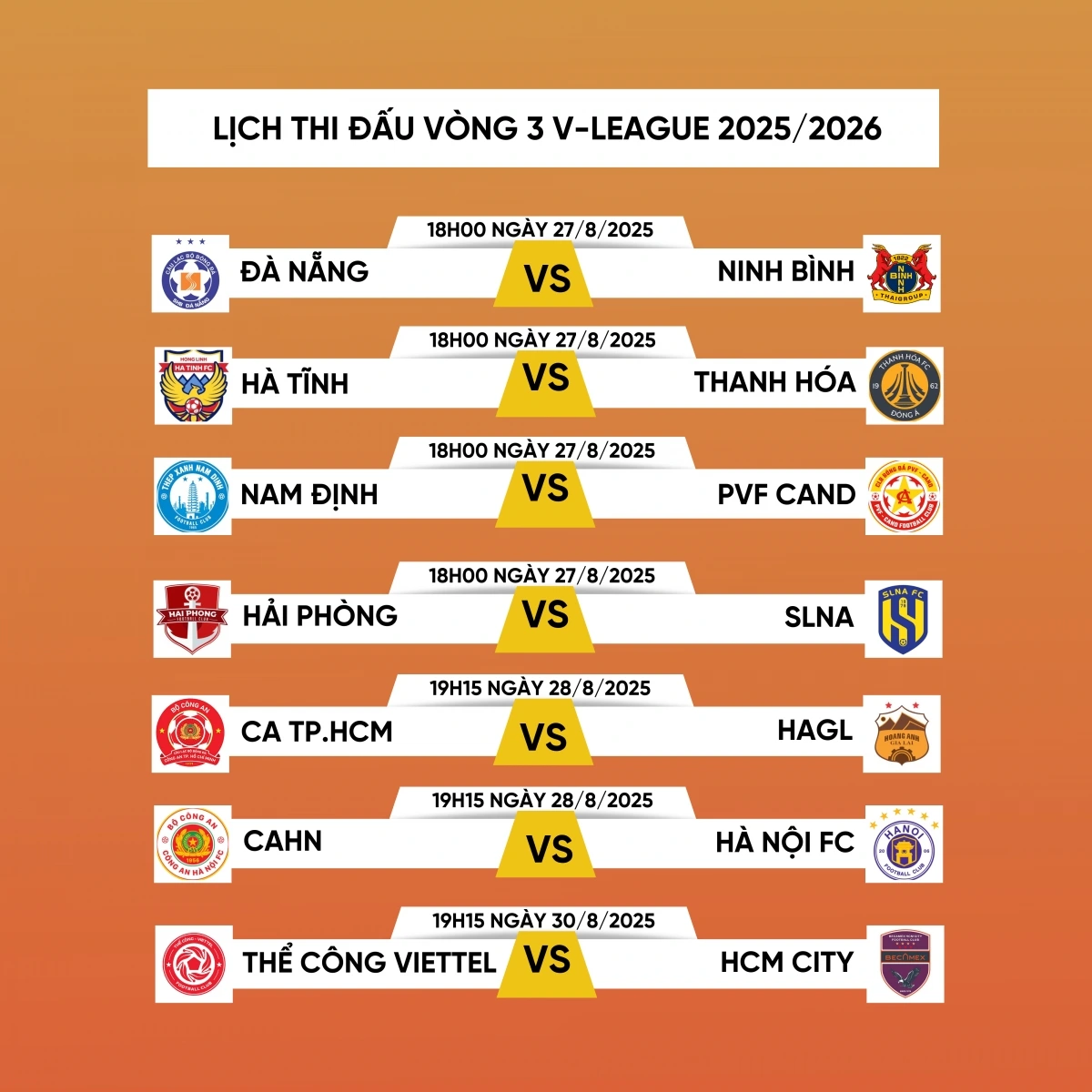 Lịch thi đấu vòng 3 V-League 2025/2026.
