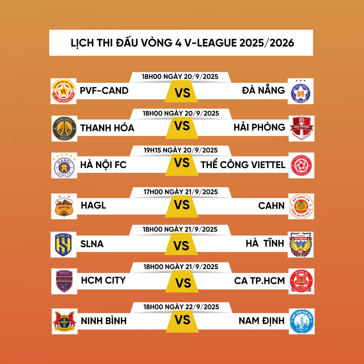 Lịch thi đấu vòng 4 V-League 2025/2026.