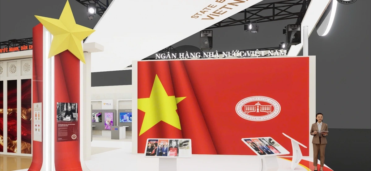 Gian trưng bày được thiết kế ấn tượng, độc đáo và giàu tính trải nghiệm mang chủ đề “Ngành Ngân hàng Việt Nam - Tự hào quá khứ, vững vàng hiện tại, kiến tạo tương lai”