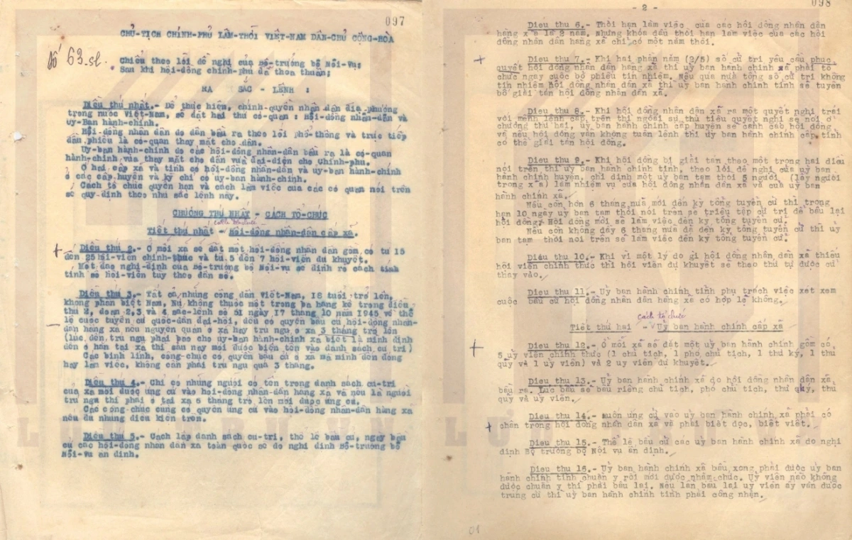 Sắc lệnh số 63 ban hành ngày 22/11/1945 của Chủ tịch Chính phủ Lâm thời Việt Nam Dân chủ Cộng hòa quy định về việc tổ chức các Hội đồng Nhân dân và Ủy ban hành chính các cấp. (Nguồn: Trung tâm Lưu trữ quốc gia III)