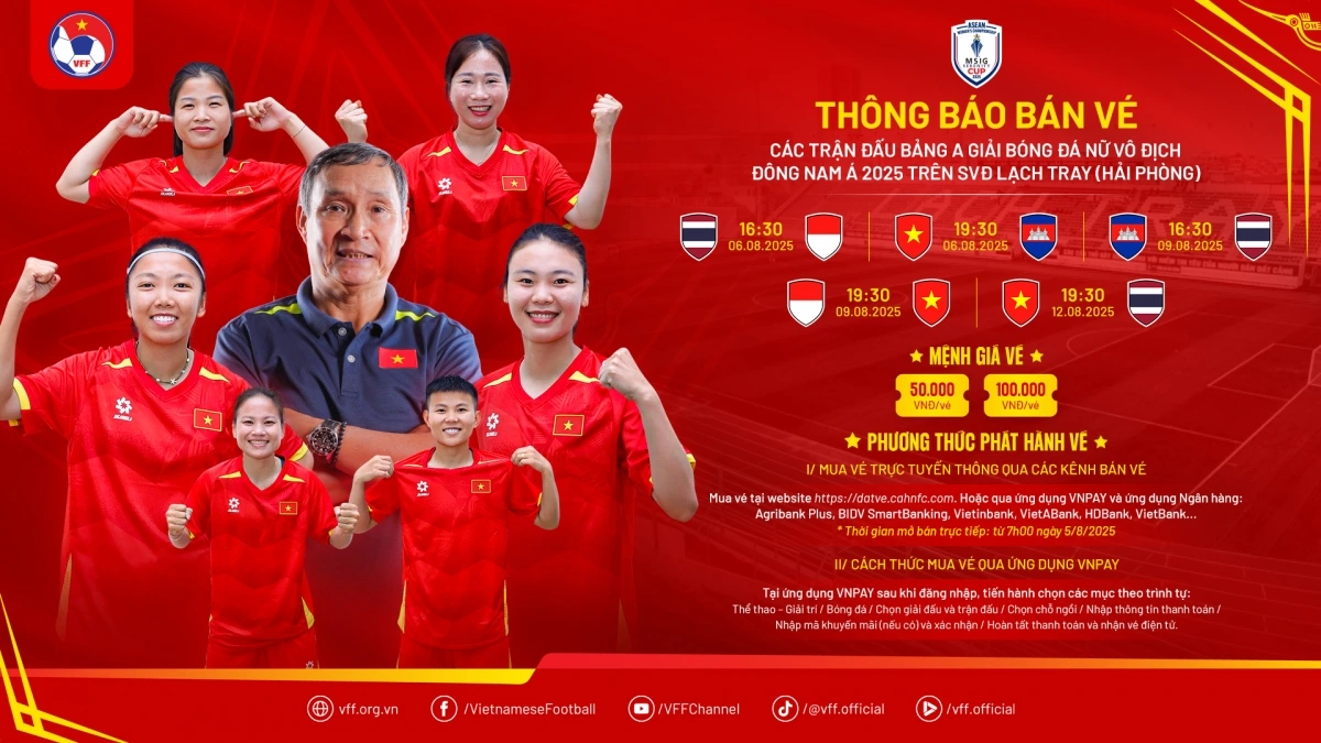 Thông báo bán vé các trận đấu tại bảng A giải vô địch ASEAN Cup nữ 2025. (Ảnh: VFF)