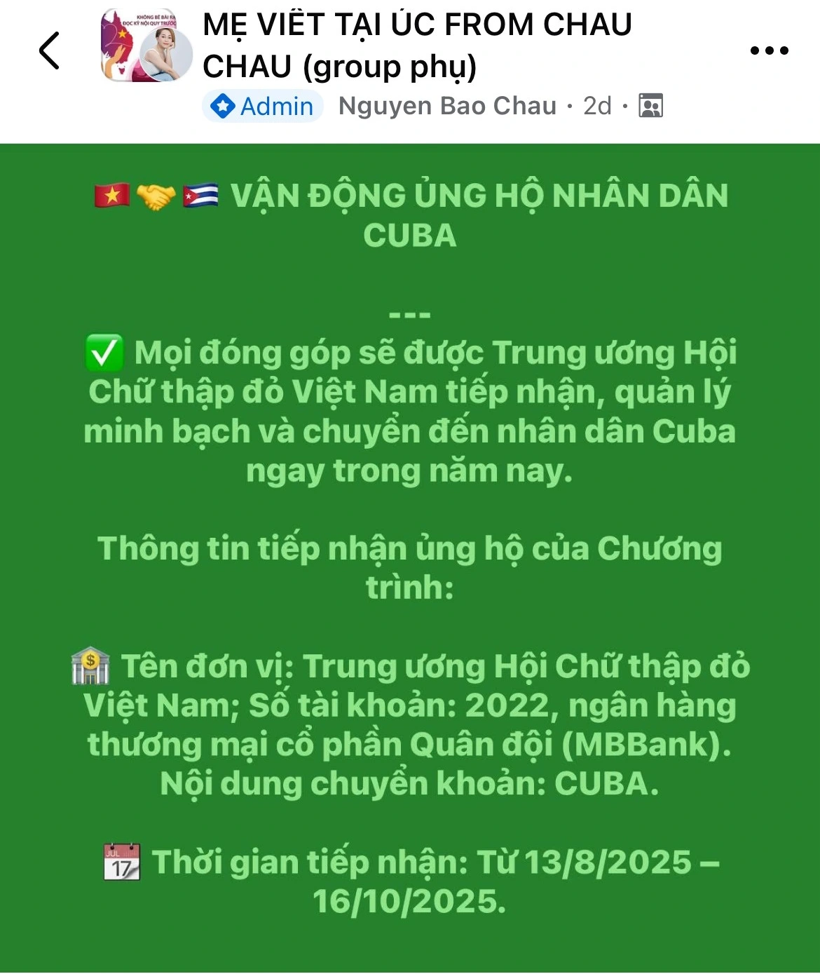 Thông báo quyên góp tiền ủng hộ Cuba trên trang Mẹ Việt tại Úc