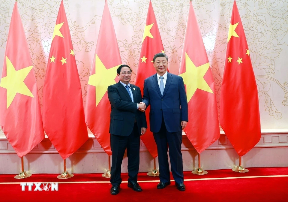 Thủ tướng Chính phủ Phạm Minh Chính và Tổng Bí thư, Chủ tịch nước Tập Cận Bình - Ảnh: TTXVN