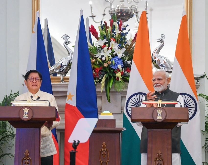 Thủ tướng Narendra Modi và Tổng thống Philippines Ferdinand Marcos Jr. trong buổi Họp báo chung ở New Delhi ngày 5.8. Ảnh ANI