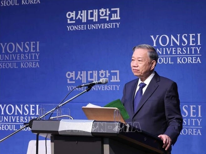 Tổng Bí thư Tô Lâm phát biểu chính sách tại Trường Đại học Yonsei. Ảnh: Thống Nhất/TTXVN