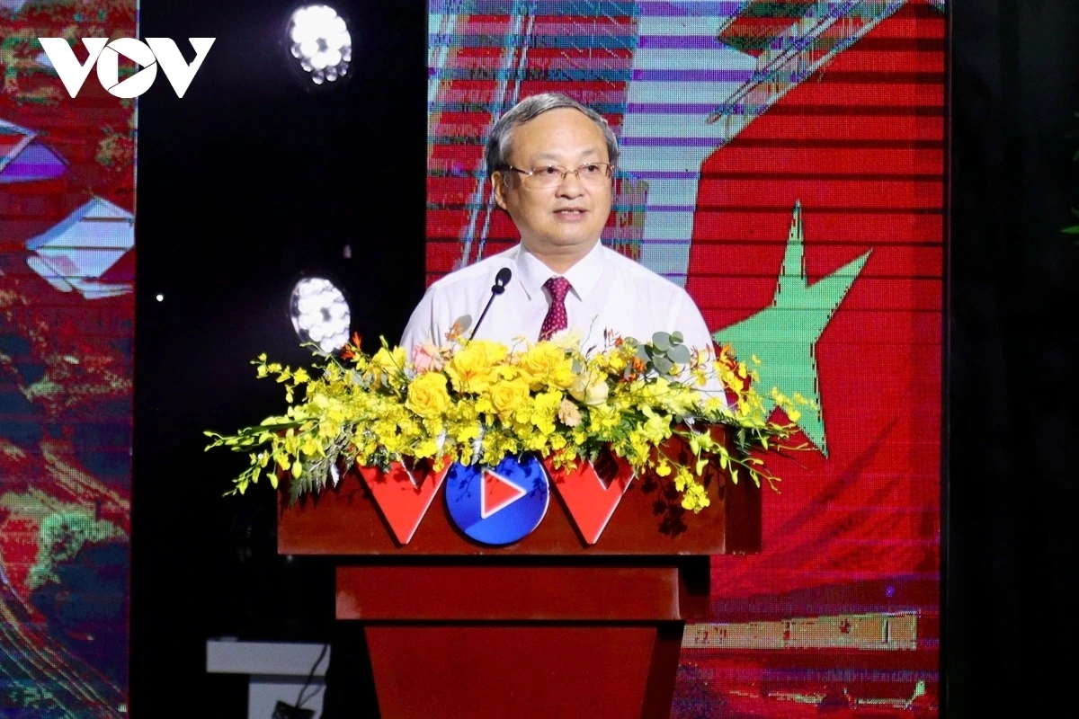 Tổng Giám đốc Đài TNVN Đỗ Tiến Sỹ phát biểu tại Lễ ra mắt chương trình “Việt Nam - Kỷ nguyên vươn mình”. Ảnh Bảo Long