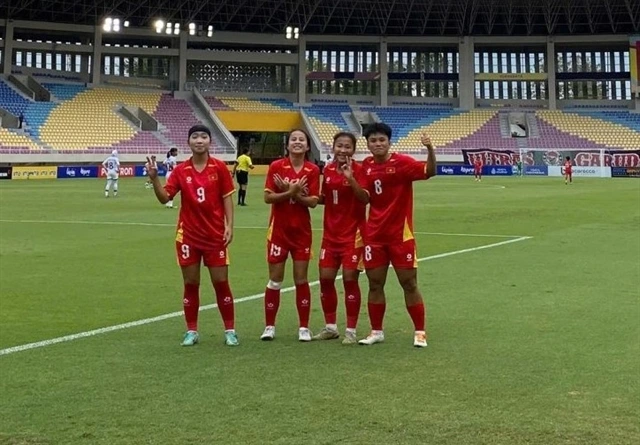 Vietnam celebrate after their penlaty kicks during the third-placed match against Indonesia in the ASEAN U16 Girls’ Championship 2025 on August 29. Vietnam win 7-6 and secure bronze medal. (Photo courtesy of VFF)