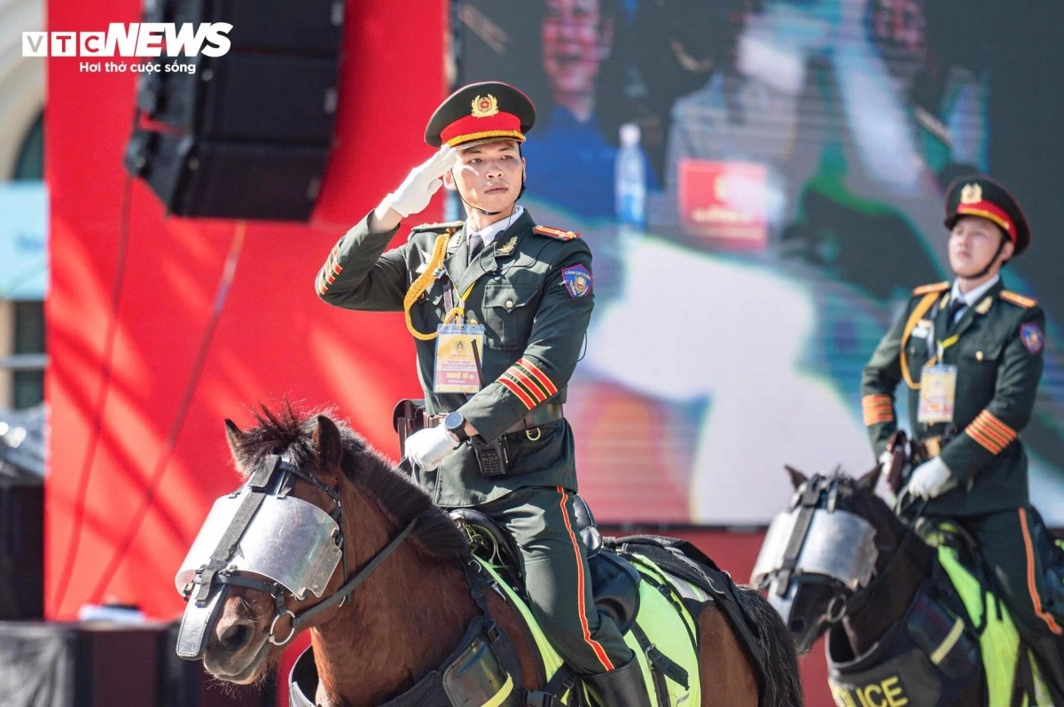 Well-trained horses move gracefully through the streets in unison.