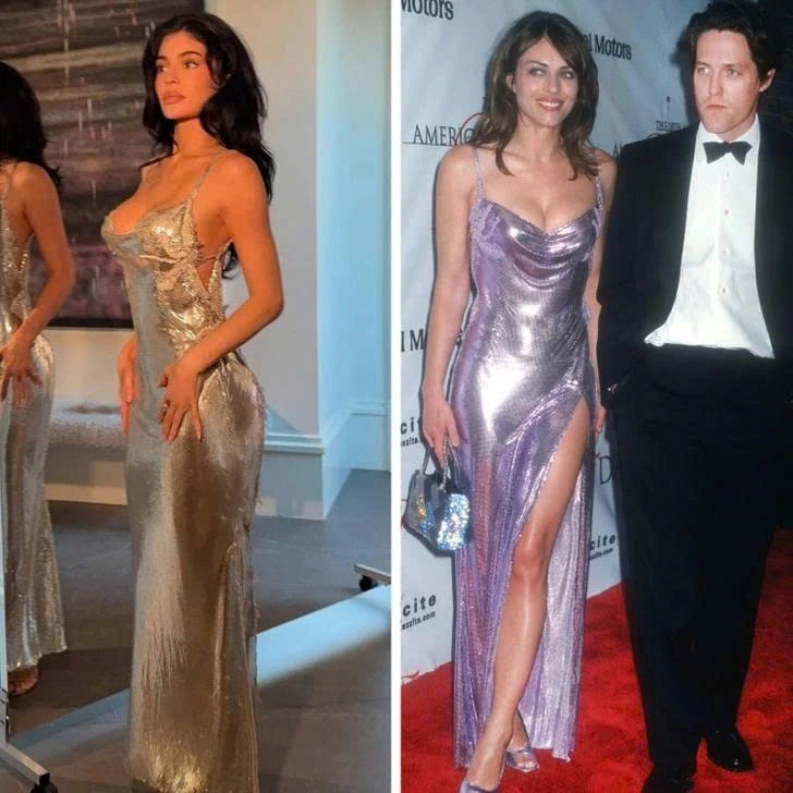 Trên thảm đỏ Quả cầu vàng 2025, Kylie Jenner cùng Timothée Chalamet xuất hiện trong chiếc váy gợi nhớ bộ đầm nổi tiếng mà Elizabeth Hurley từng mặc tại CFDA Fashion Awards năm 1999. Phiên bản của Jenner có tông màu khác nhẹ hơn nhưng vẫn giữ được tinh thần gợi cảm và kiêu sa.