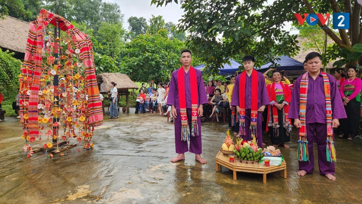 Tại sân làng Mường, khu các làng dân tộc, Làng Văn hóa - Du lịch các dân tộc Việt Nam, một cây bông được dựng nên. Mâm lễ vật có gà luộc, thịt lợn luộc, hương, hoa quả, rượu cần... đã sẵn sàng.