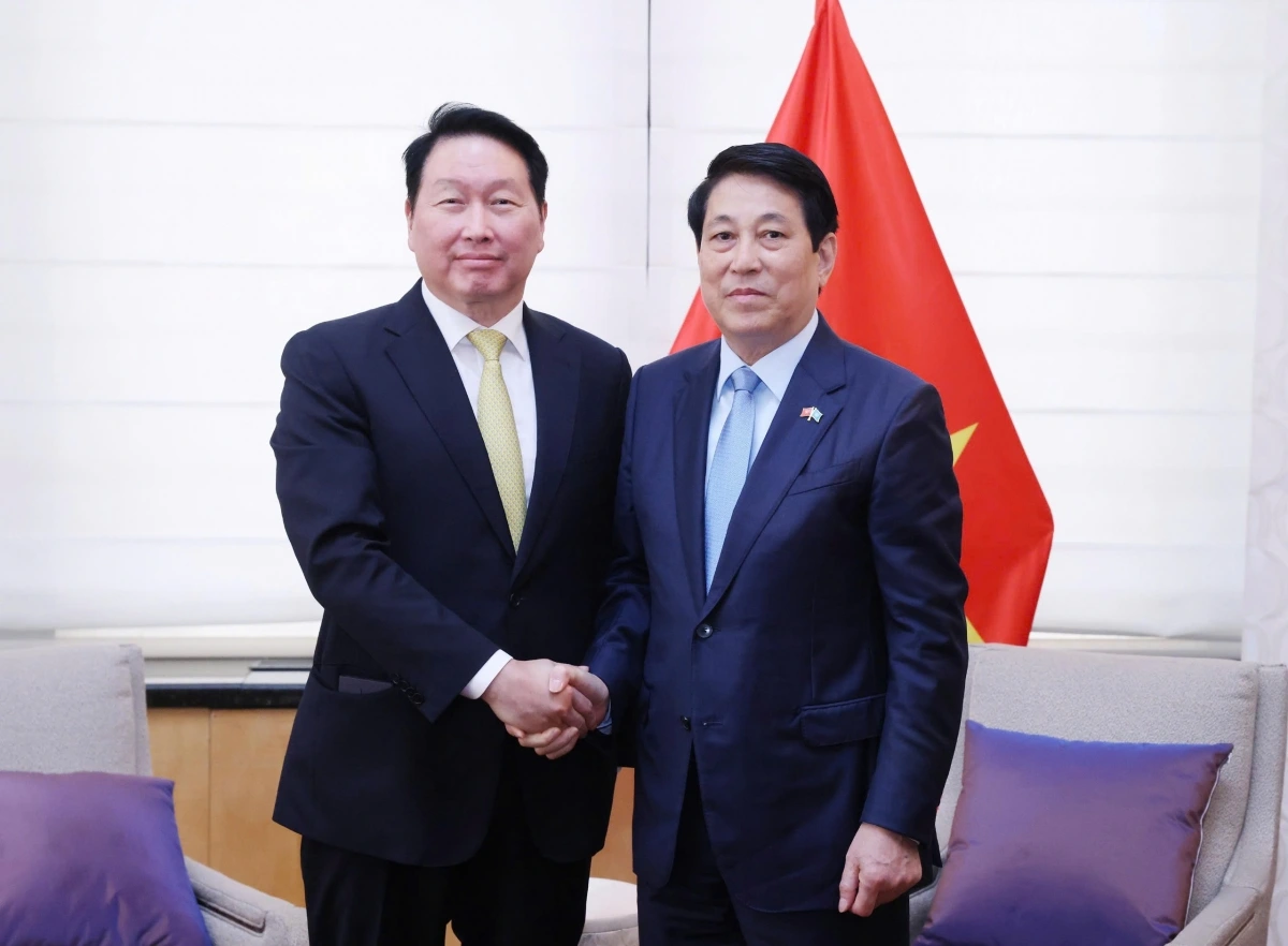 Chủ tịch nước Lương Cường tiếp Chủ tịch Tập đoàn SK Group, Chủ tịch Hiệp hội Thương mại và Công nghiệp Hàn Quốc Taewon Chey.