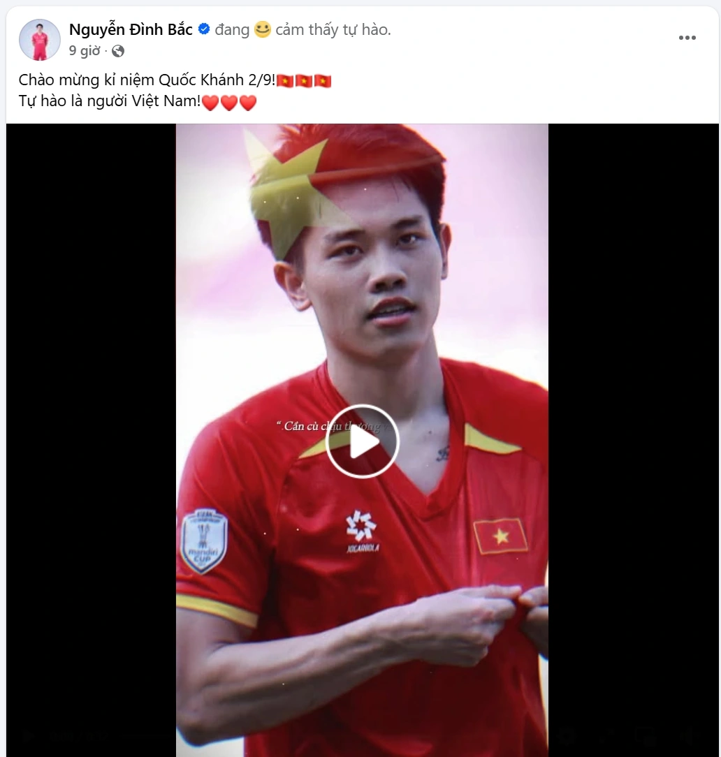 Tuyển thủ U23 Việt Nam Đình Bắc chia sẻ ngày Quốc khánh 2/9. Trước đó, tiền đạo này đã bày tỏ quyết tâm cùng U23 Việt Nam thắng trận đúng dịp Quốc khánh. 