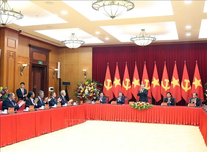Tổng Bí thư Tô Lâm tiếp Trưởng đoàn chính đảng các nước dự Lễ kỷ niệm 80 năm Cách mạng Tháng Tám và Quốc khánh 2/9. Ảnh: TTXVN
