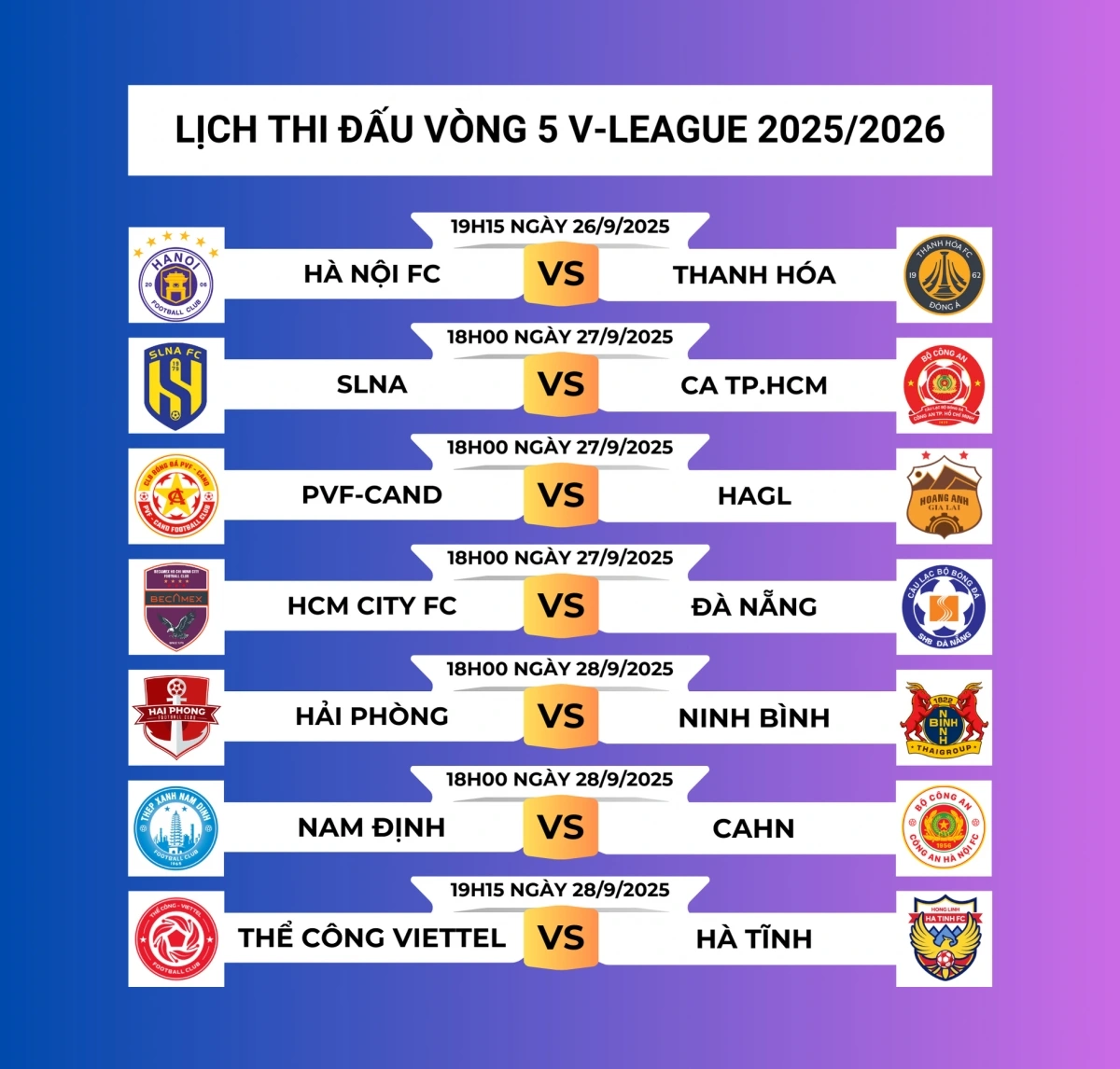 Lịch thi đấu vòng 5 V-League 2025/2026.