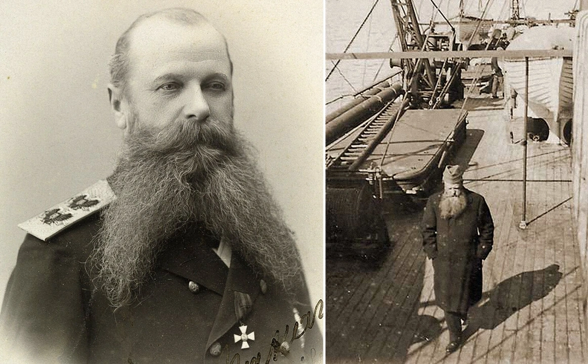 Ảnh bên trái: chân dung Đô đốc Stepan Makarov; Ảnh bên phải: Đô đốc Makarov trên boong tàu phá băng Yermak trong chuyến hải trình Bắc Cực đầu tiên năm 1899. Nguồn: Wikipedia/Nikita Kuznetsov
