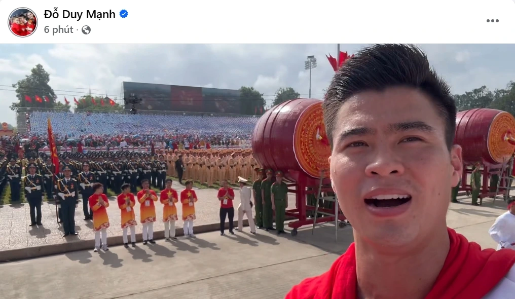Duy Mạnh chia sẻ video tham dự lễ diễu binh A80 trên trang cá nhân.