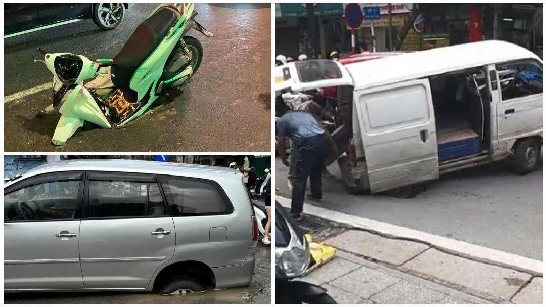 Hà Nội liên tiếp ghi nhận 3 vụ ô tô, xe máy sụt hố giữa lòng đường, không chỉ gây nguy hiểm cho người tham gia giao thông, mà còn dấy lên nỗi lo về chất lượng hạ tầng đô thị (Ảnh - VOV, Sức khỏe &amp; đời sống).