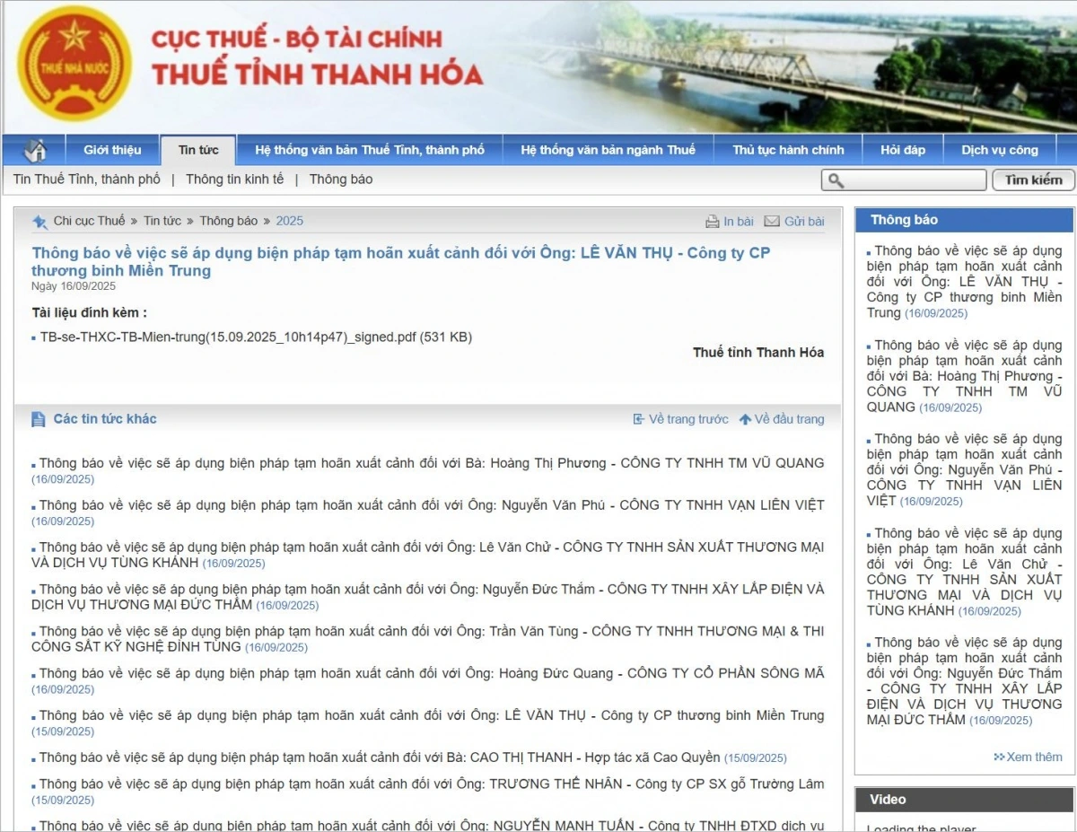  Thuế tỉnh Thanh Hóa ra thông báo về việc sẽ áp dụng biện pháp tạm hoãn xuất cảnh đối hàng trăm Giám đốc, người đại diện pháp luật các doanh nghiệp "chây ì" nộp thuế.