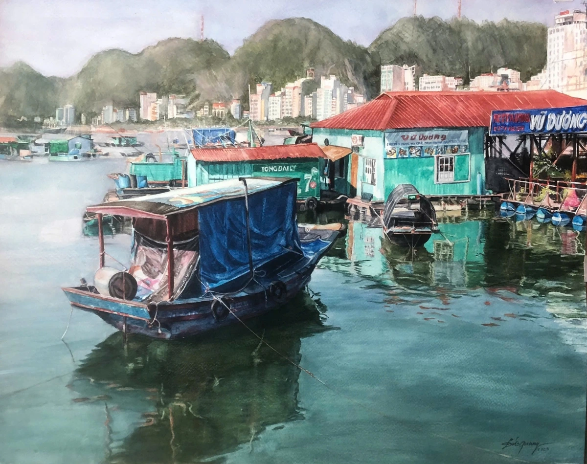 Cảnh biển Hải Phòng trong tranh màu nước của họa sĩ Nguyễn Đức Quang