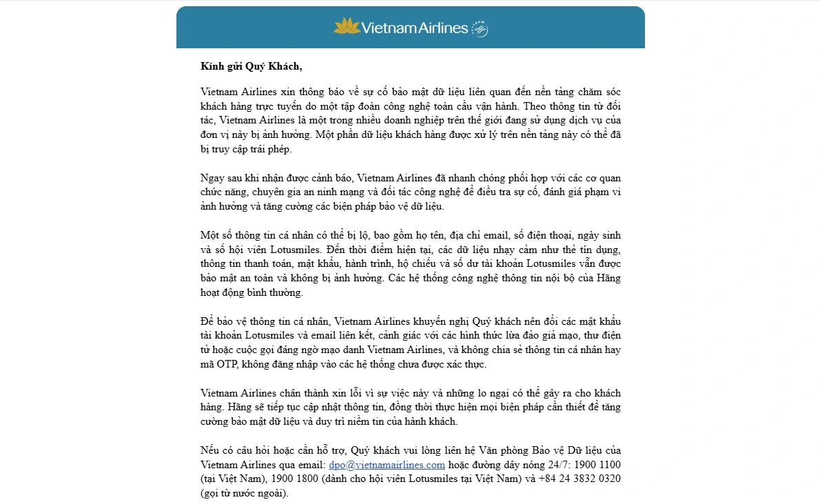 Nội dung email thông báo của Vietnam Airlines.