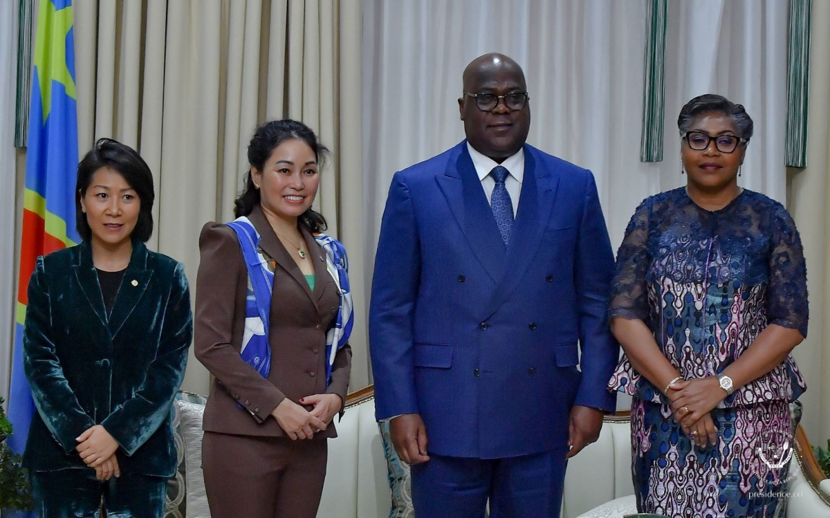 Ông Félix Tshisekedi - Tổng thống Cộng hoà Dân chủ Congo (thứ 2 từ phải sang) và bà Lê Thị Thu Thuỷ, Phó Chủ tịch Vingroup (thứ 2 từ trái sang) trong buổi trao đổi hợp tác tại Congo (Ảnh: https://presidence.cd/)