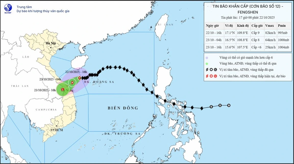 Do ảnh hưởng của hoàn lưu bão số 12 và không khí lạnh, kết hợp với một số hình thế thời tiết khác, khu vực Trung Trung Bộ có khả năng xảy ra đợt mưa lớn trên diện rộng, kéo dài nhiều ngày, cục bộ có nơi mưa rất to trên 800mm - Ảnh: Trung tâm dự báo khí tượng thủy văn quốc gia.