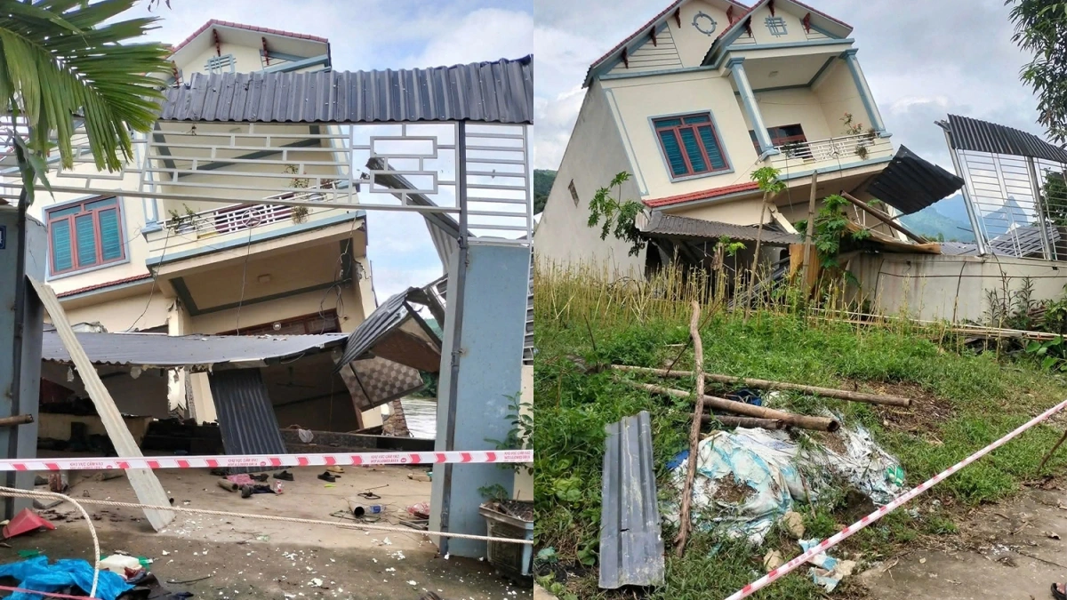 Căn nhà kiên cố của gia đình chị Bình bị dòng nước cuốn đi trong sự ngỡ ngàng của gia đình và hàng xóm (ảnh GĐCC)