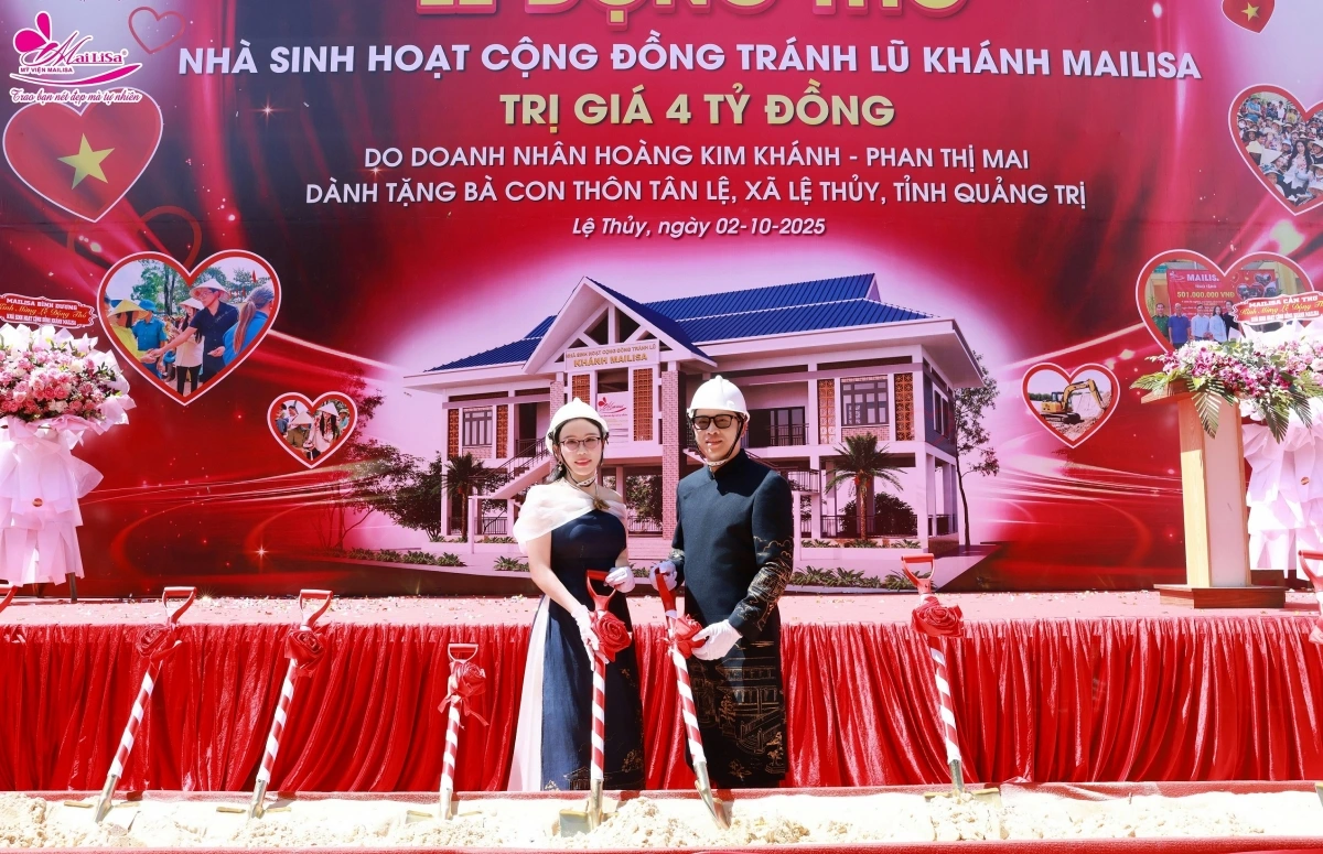 Doanh nhân Hoàng Kim Khánh – Phan Thị Mai tại lễ động thổ Nhà tránh lũ