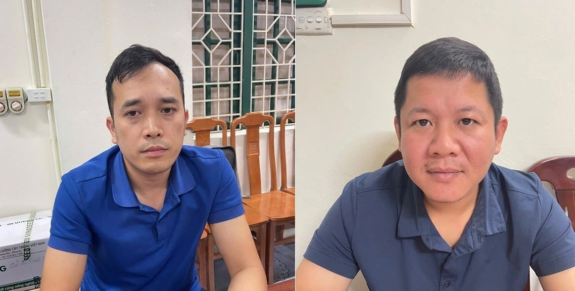 Đỗ Mạnh Đăng và Luyện Phúc Hưng tại Cơ quan điều tra. Ảnh: Công an Hưng Yên.