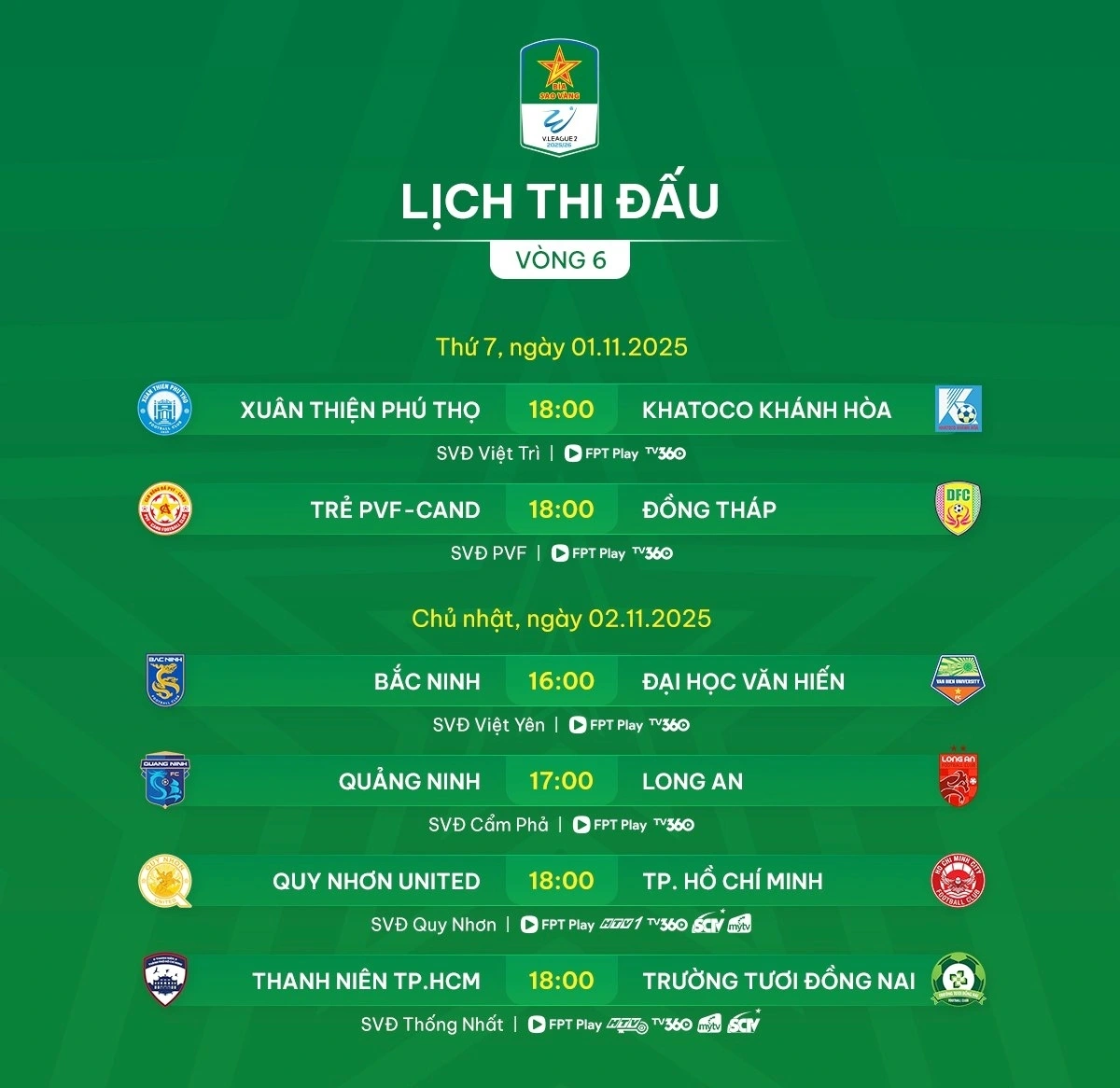 Lịch thi đấu vòng 6 giải Hạng Nhất Quốc gia 2025/2026.