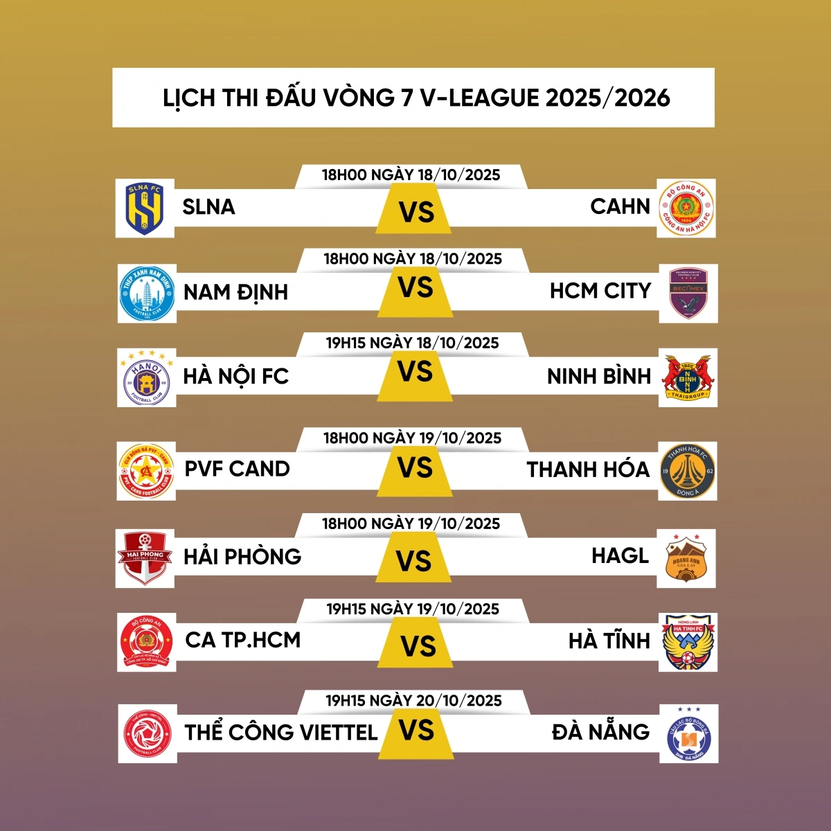 Lịch thi đấu vòng 7 V-League 2025/2026.