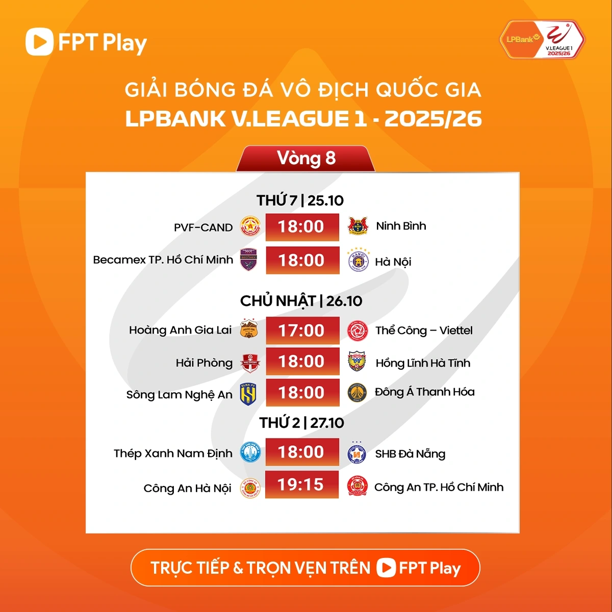 Lịch thi đấu vòng 8 V-League 2025/2026.