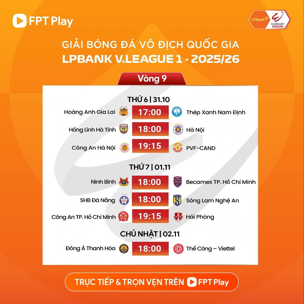 Lịch thi đấu vòng 9 V-League 2025/2026.