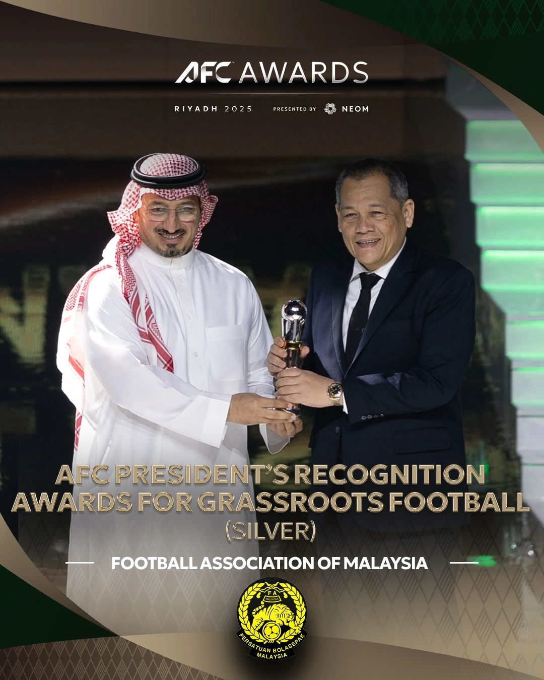 LĐBĐ Malaysia (FAM) được trao Giải thưởng Ghi nhận của Chủ tịch AFC cho Bóng đá phong trào (Hạng Bạc). (Ảnh: AFC)