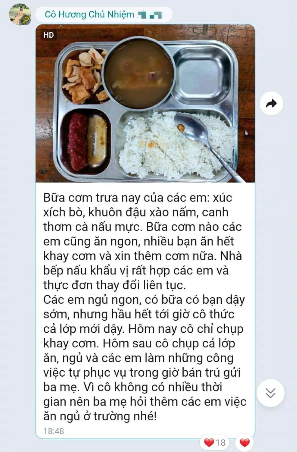 Một số trường học duy trì tốt bữa ăn bán trú, công khai, minh bạch - Ảnh chụp từ hội nhóm phụ huynh