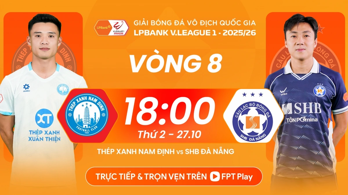 Nam Định chạm trán Đà Nẵng tại vòng 8 V-League 2025/2026.