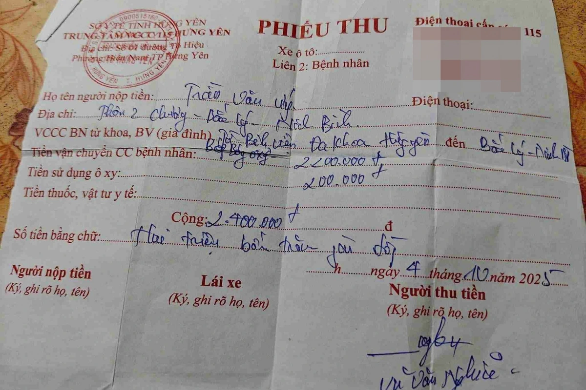 Phiếu thu số tiền 2,4 triệu đồng được anh Trần Văn Ứng đăng lên mạng xã hội. 