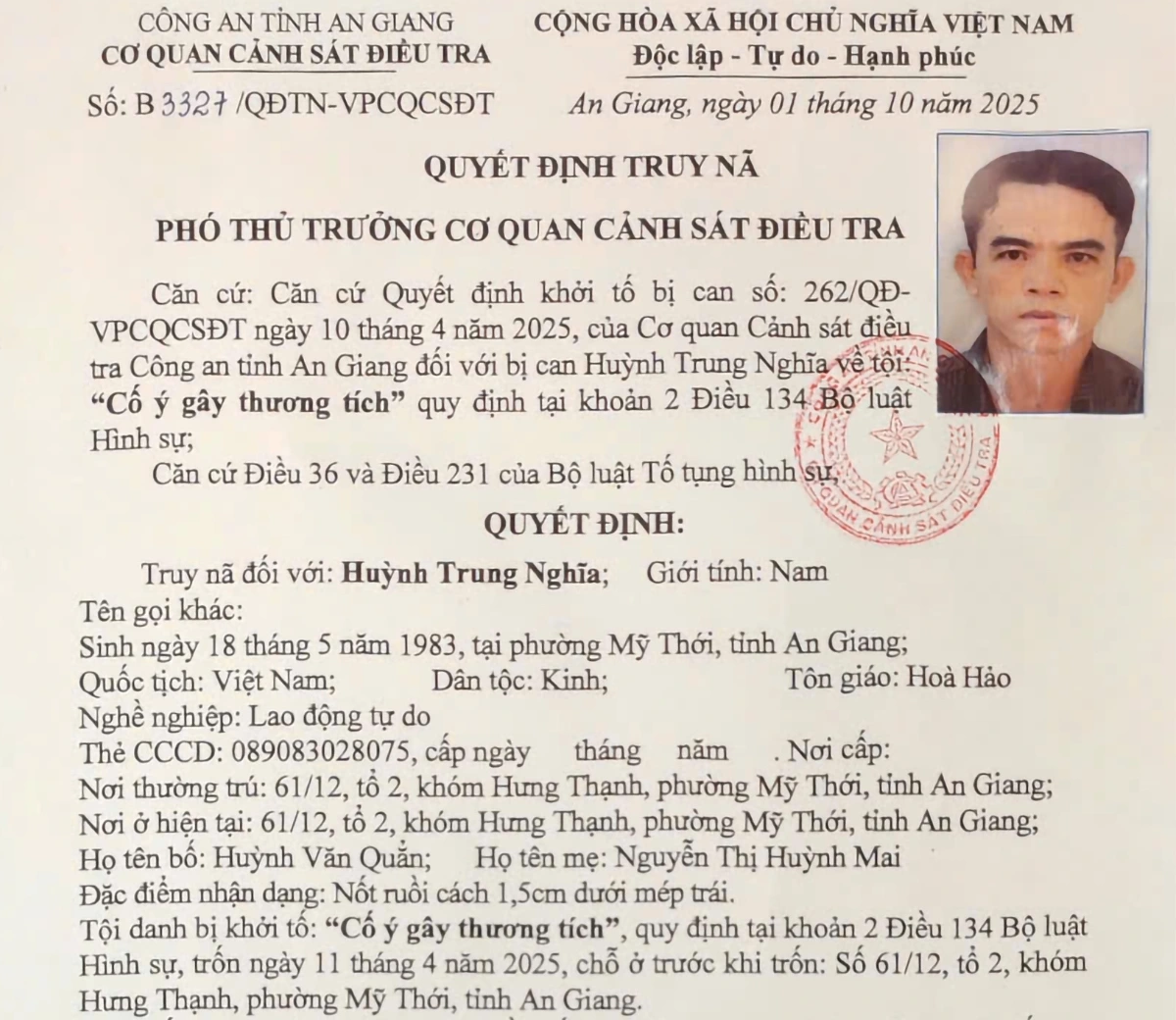 Quyết định truy nã của công an đối với Huỳnh Trung Nghĩa