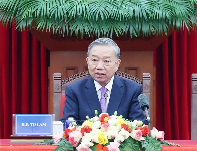 Tổng Bí thư Tô Lâm phát biểu tại buổi tiếp Trưởng đoàn các nước tham dự Lễ mở ký Công ước Hà Nội. (Ảnh: Thống Nhất/TTXVN)
