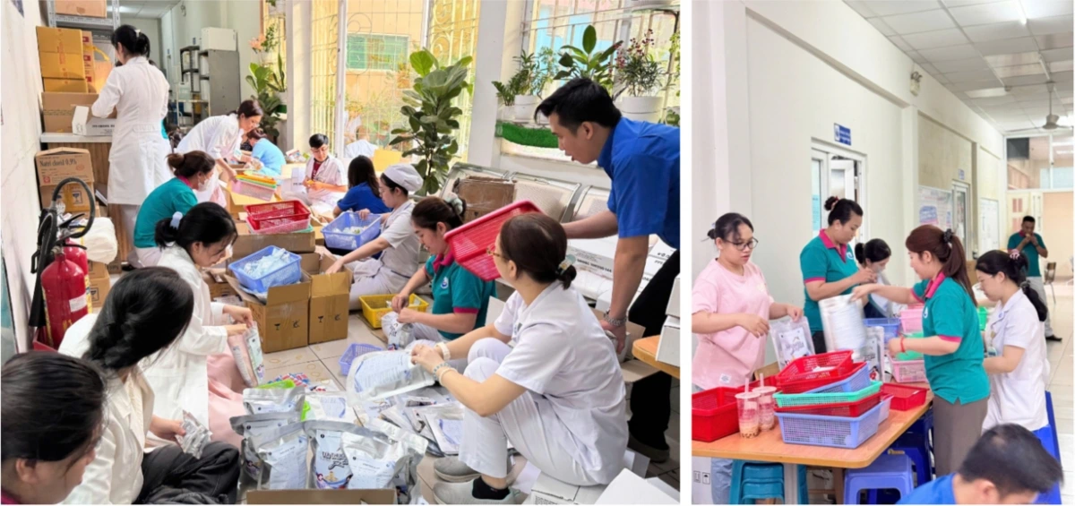 Các cán bộ, nhân viên y tế ngành y tế chuẩn bị túi thuốc cứu trợ gửi bà con vùng bão, lũ (Ảnh: Sở Y tế TP.HCM).