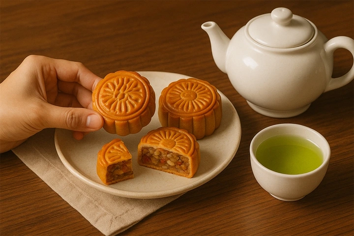 Uống trà ăn bánh trung thu - sự kết hợp đem lại nhiều lợi ích (Ảnh: AI)