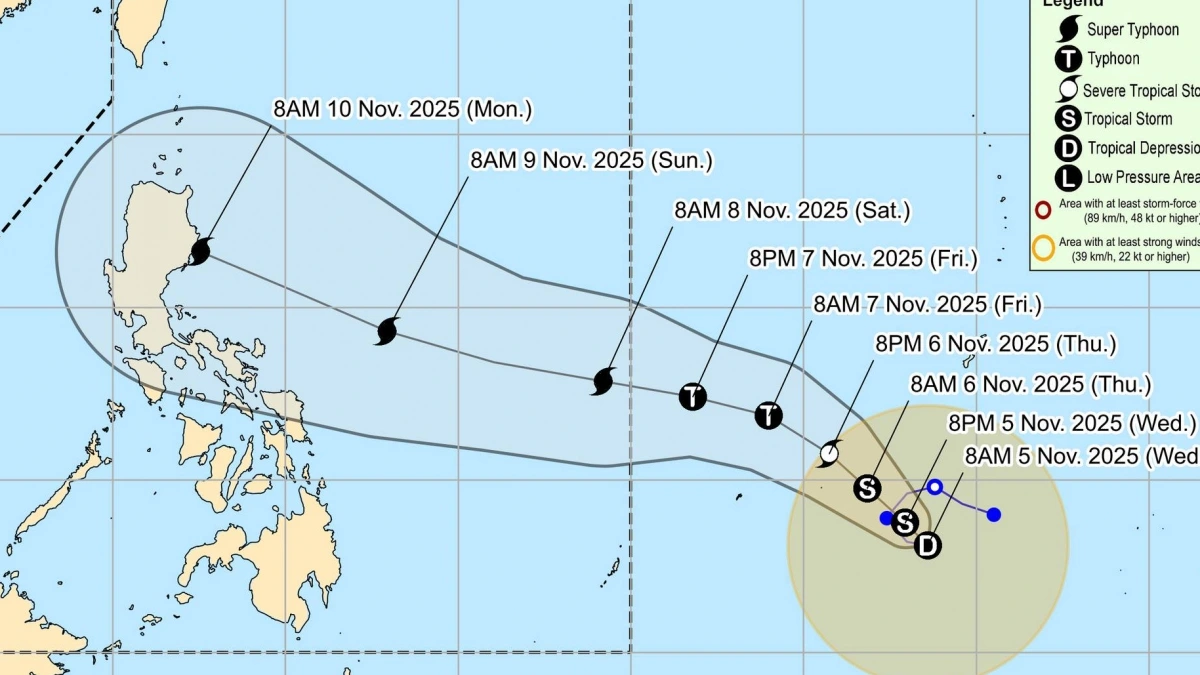 Dự báo vị trí và hướng di chuyển của áp thấp nhiệt đới mới hình thành ngoài khơi Philippines - Ảnh: Pagasa