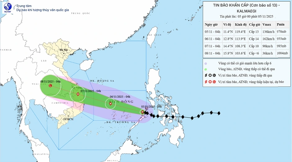 Hướng di chuyển của cơn bão số 13 - bão KALMAEGI