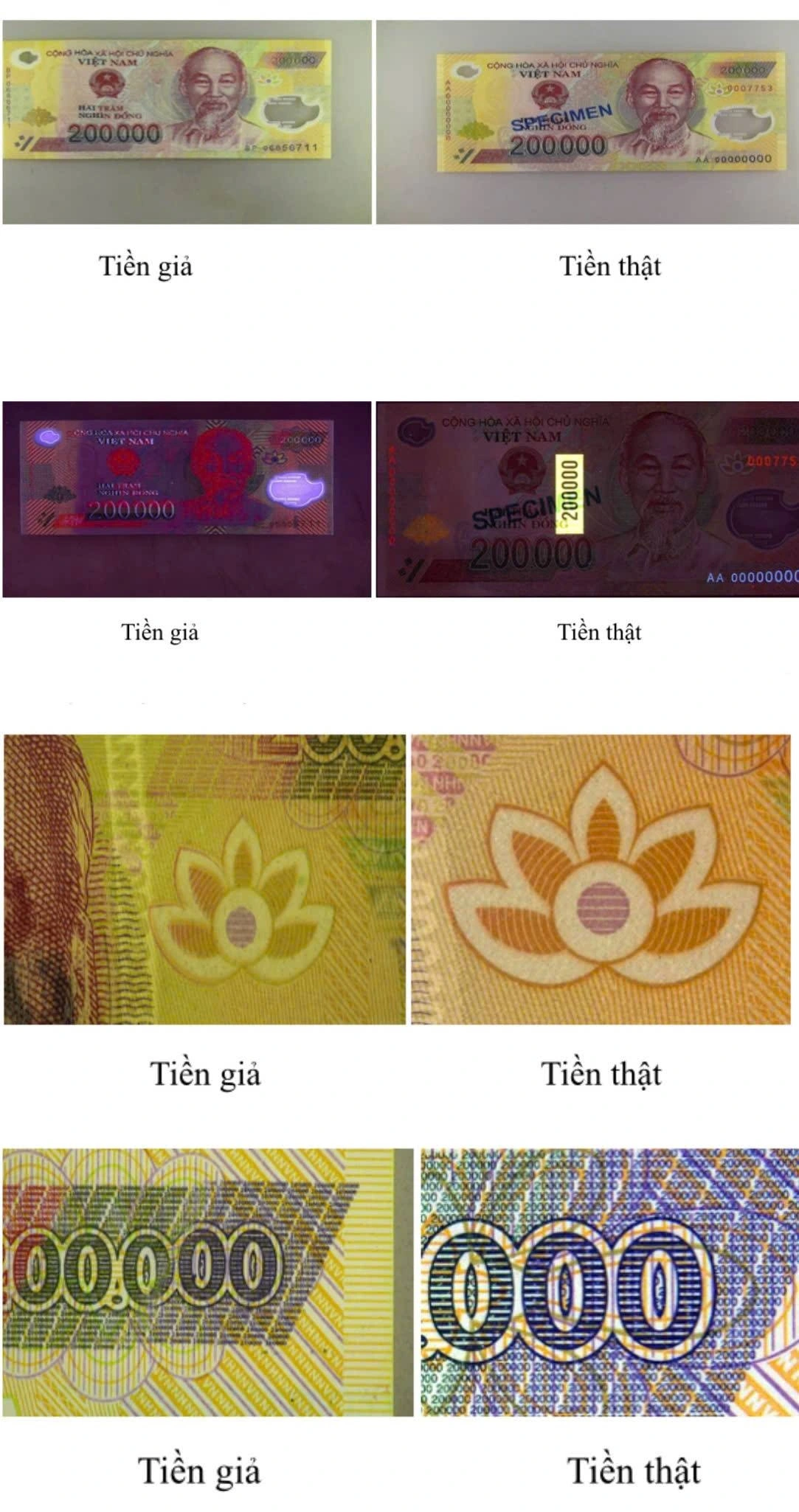 Cách phân biệt tiền giả và tiền thật (nguồn: Công an tỉnh Cao Bằng cung cấp)