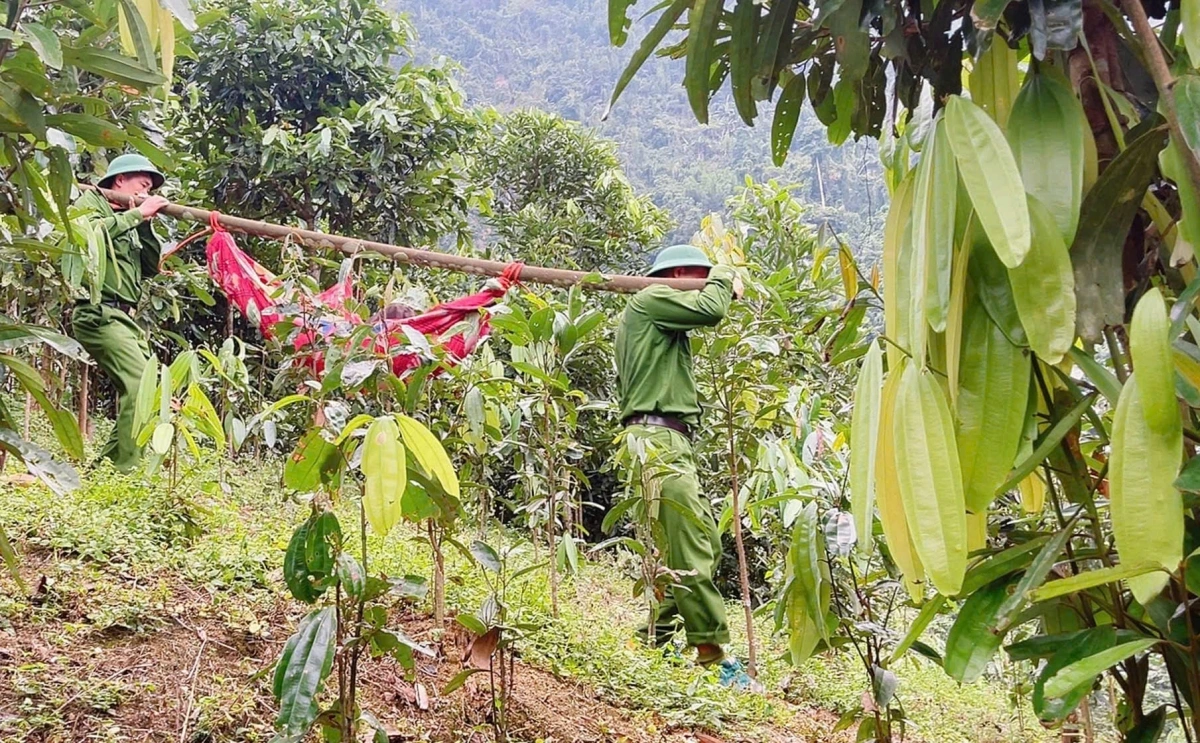 Cán bộ, chiến sỹ công an xã dùng cáng tự chế đưa cụ Liều về cơ sở y tế.