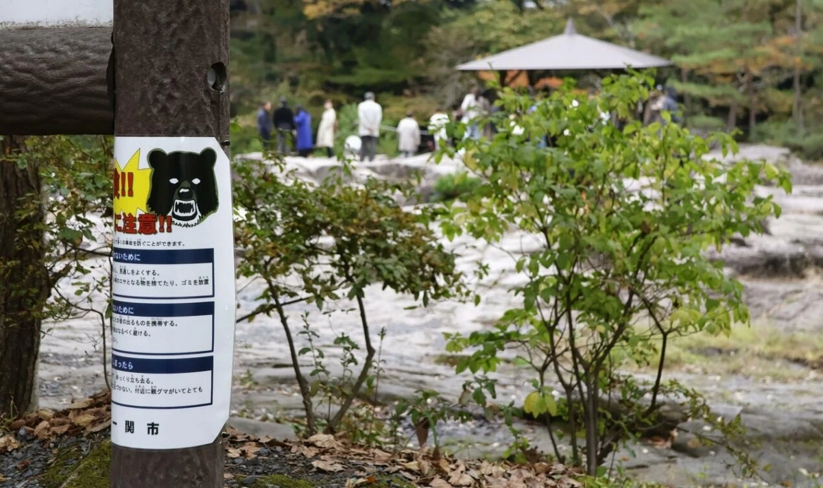 Một cảnh báo về loài gấu tại khu vực Gembikei ở Ichinoseki, tỉnh Iwate, Nhật Bản tháng 10/2025. Nguồn: Kyodo