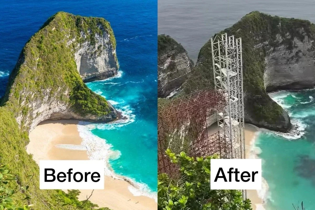 Hình ảnh trước và sau của công trình trên bãi biển Kelingking, đảo Nusa Penida gần Bali, Indonesia. Ảnh: X/pendakilawas